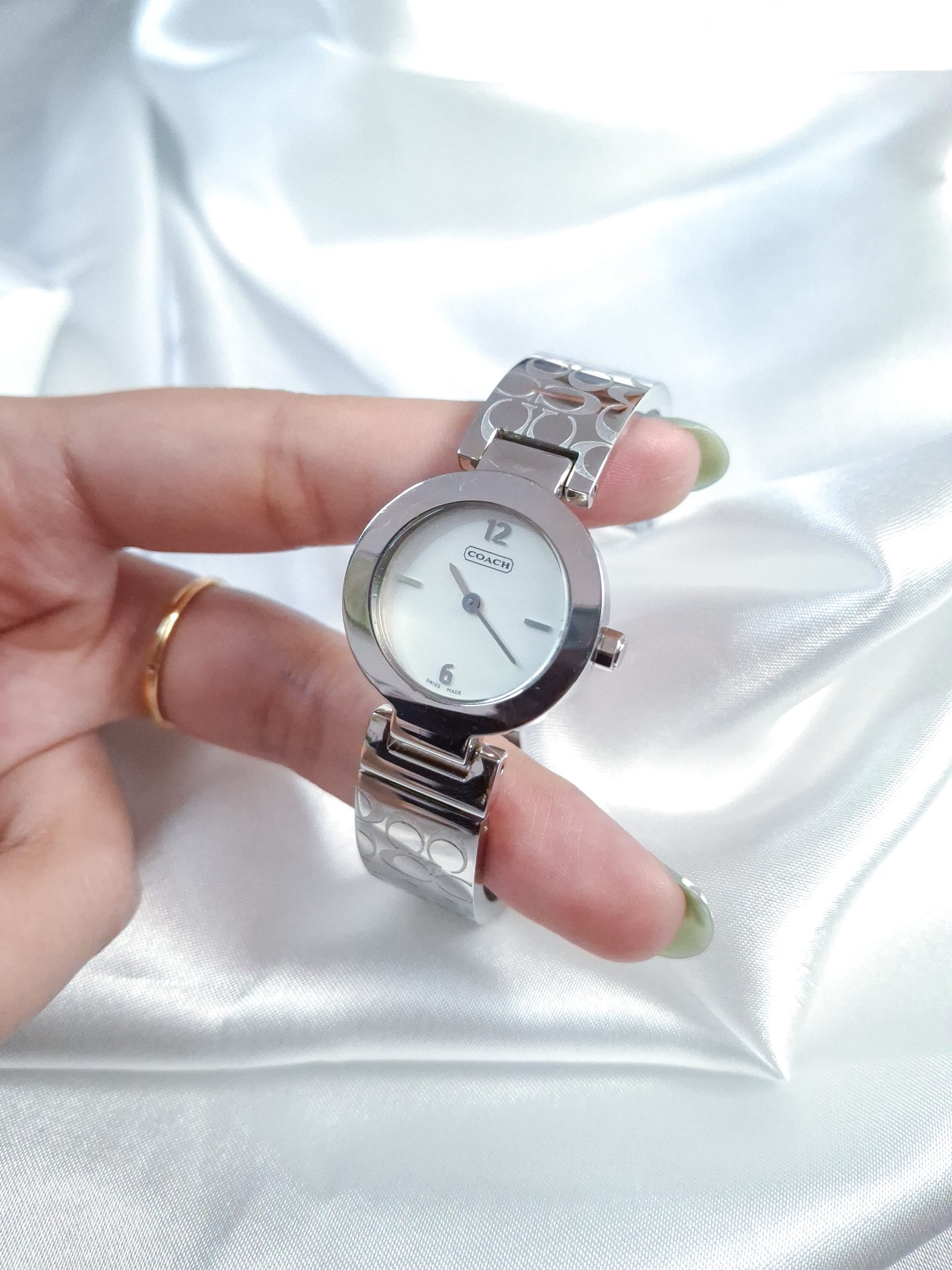 Coach Monogram Silver Tone Bangle Watch