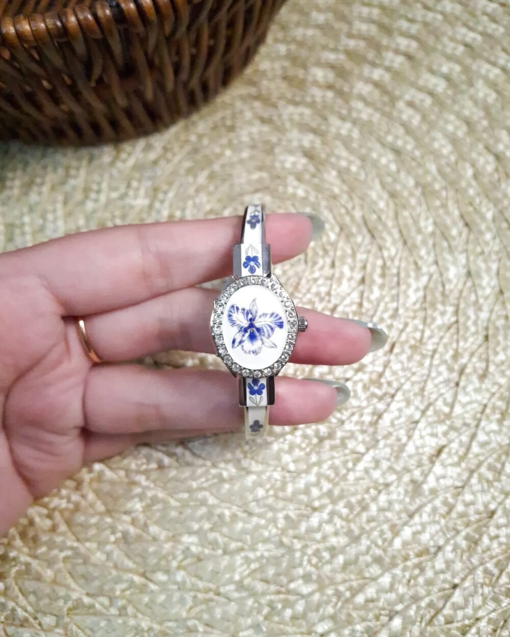 André Mouche Swiss White & Blue Floral Watch