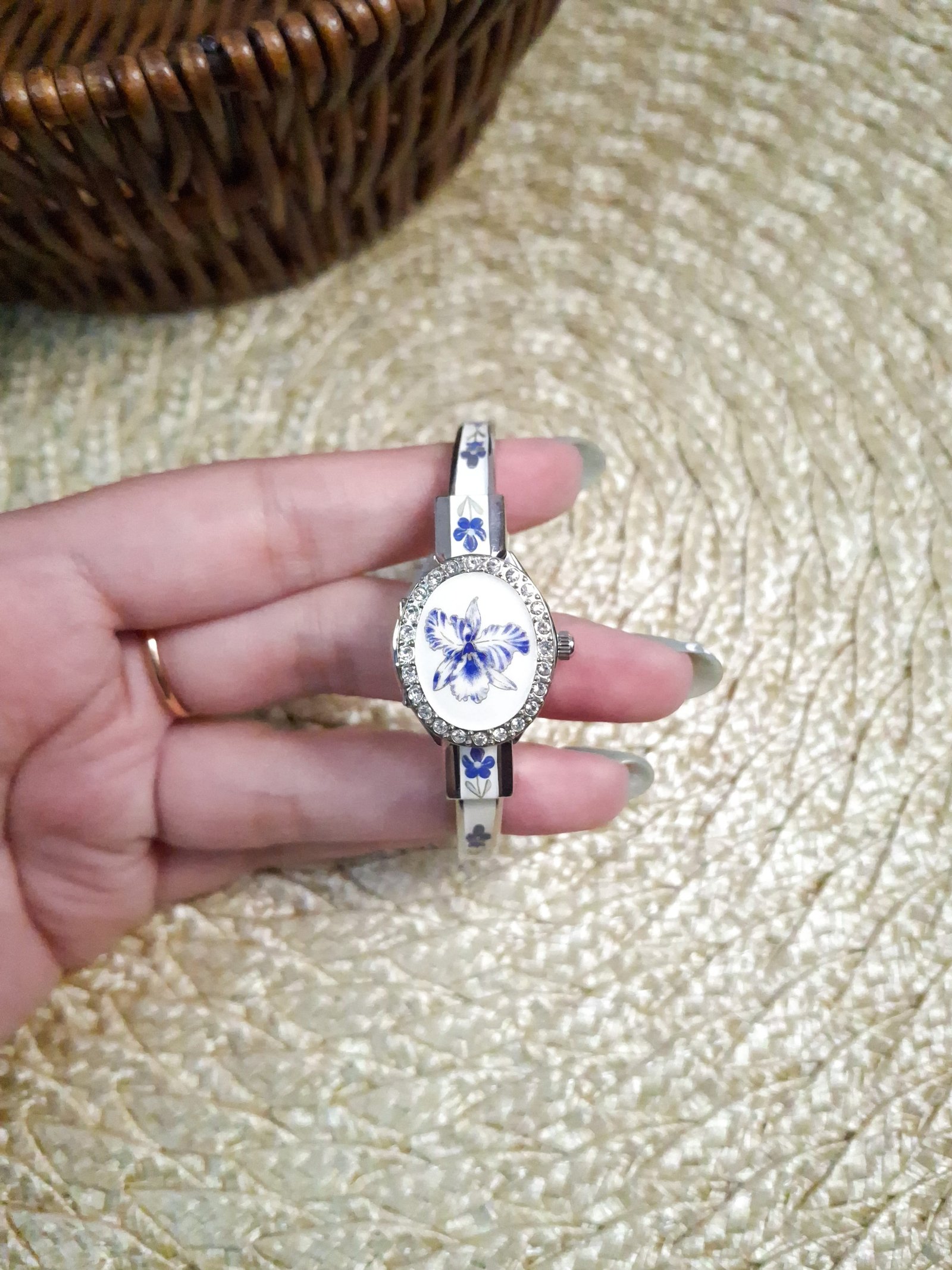 André Mouche Swiss White & Blue Floral Watch